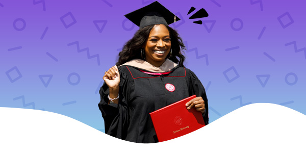 A student holding her degree at commencement in front of a colorful gradient with an illustrative burst on the right side of her head