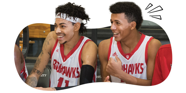Two student basketball players cheering on their teammates from the bench with an illustrative burst to the right side of the right player's head